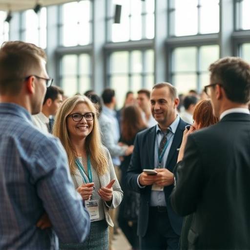 Fotografia de um evento corporativo, mostrando participantes em uma conferência, com foco na interação e no profissionalismo do ambiente.