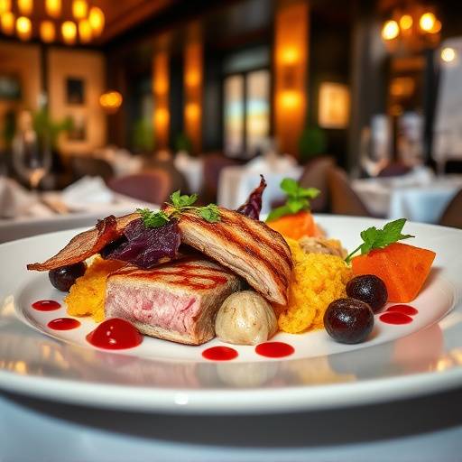 Fotografia de um prato de comida gourmet, com detalhes meticulosos e cores vibrantes, em um restaurante elegante com iluminação ambiente.