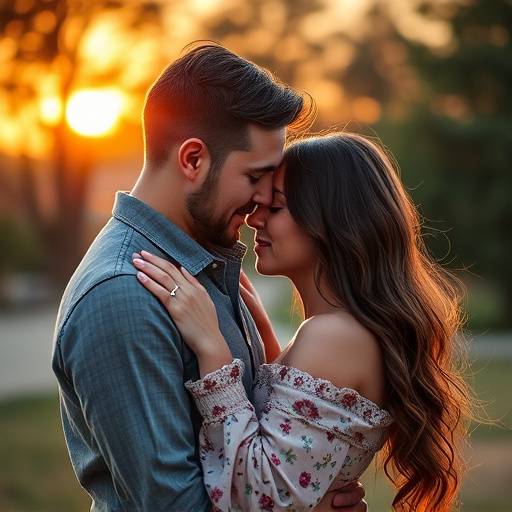 Retrato de um casal apaixonado, em um ambiente romântico com luz dourada, transmitindo o amor e a conexão entre os dois.