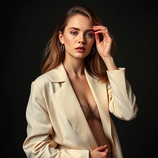 Retrato de uma modelo em um ensaio de moda, com poses elegantes e iluminação dramática, destacando o vestuário e a beleza da modelo.