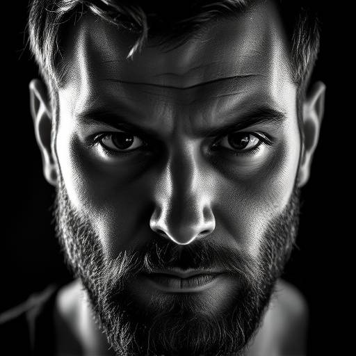 Retrato em preto e branco de um homem barbudo, com olhar intenso e focado, em um ambiente de estúdio com iluminação profissional.