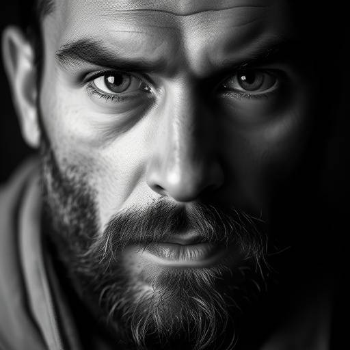Retrato em preto e branco de um homem com barba e olhar expressivo.