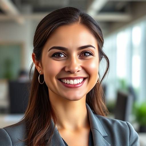 Retrato profissional de uma mulher sorrindo em ambiente de escritório.